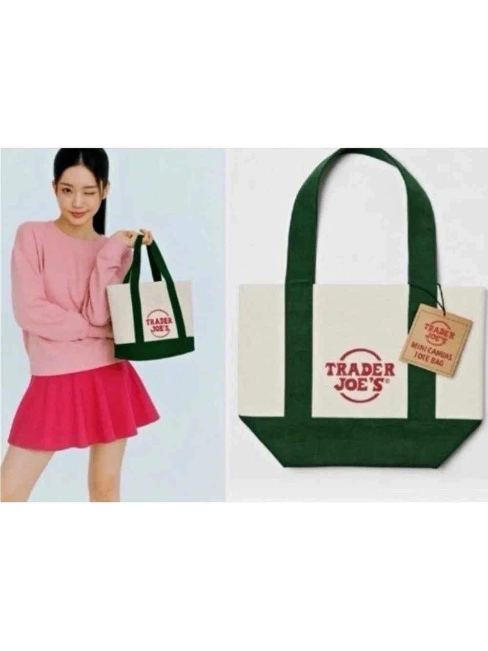 Trader Joe's Cream and Green Mini Canvas Tote Bag